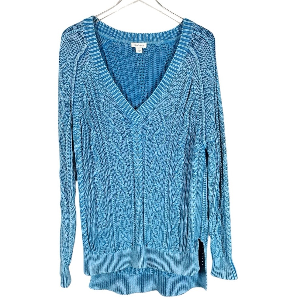 SUNDANCE Women's Medium V-Neck Chunky Cable Knit Oversized Cotton Sweater